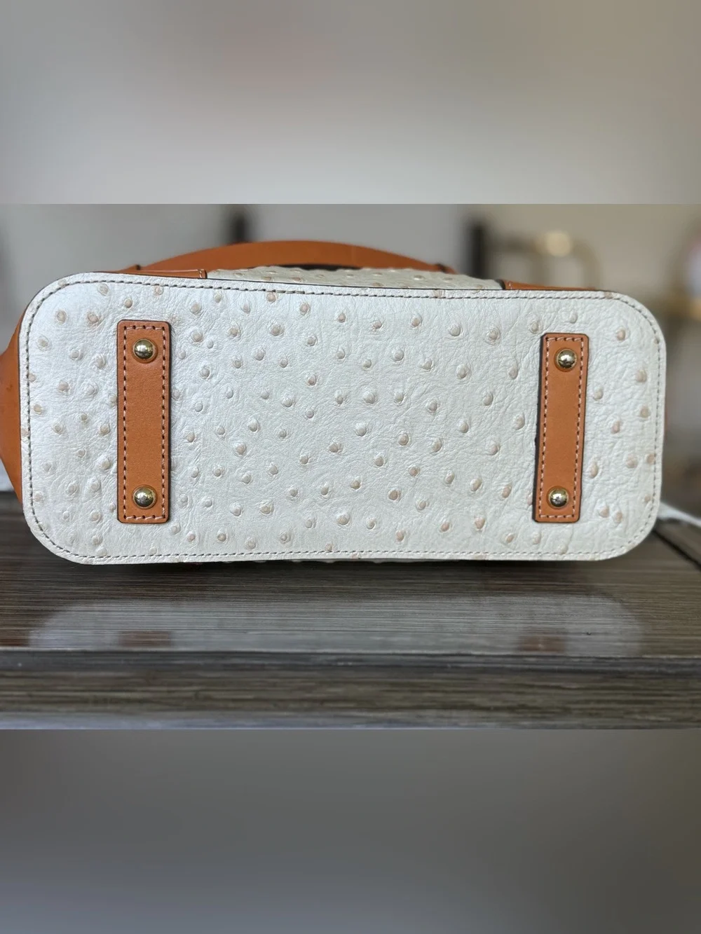Dooney & Bourke Ivory Ostrich Leather Satchel  Purse Brown Trim Detachable Strap